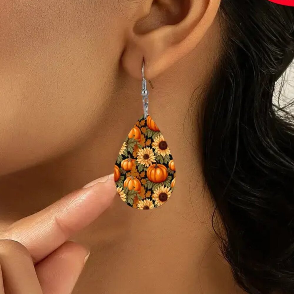 Pumpkin Sunflower PU Leather Earrings 2.5" Dangle Fish Hook Orange Yellow Unisex